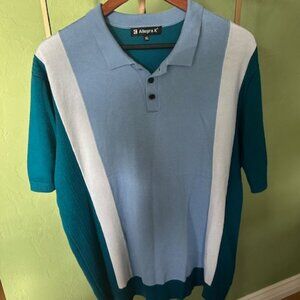 Men’s Colorblock Knit Bowling Shirt – XL | Teal, White & Blue